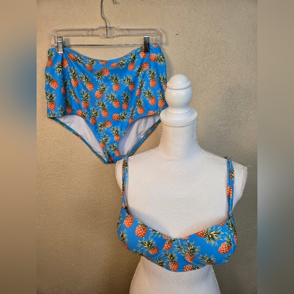 COCOSHIP Pineapple Print On Blue Bikini Set 3X (7828)